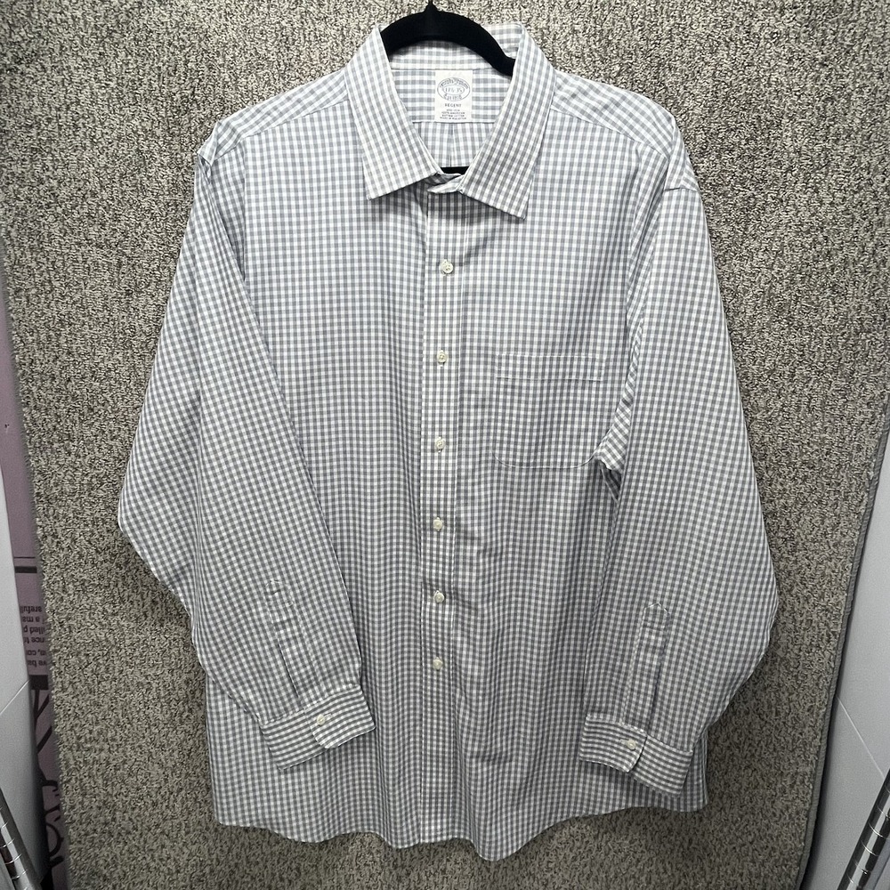 Brooks Brothers Dress Shirt Men 17.5-35 Gray Checked Regent 100% American Supima